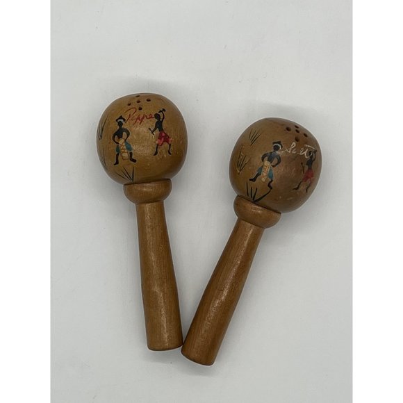 Vintage Wooden Salt and Pepper Shakers with Dancing Figures - Picture 1 of 4